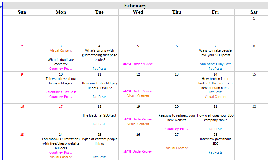 Editoral Calendar