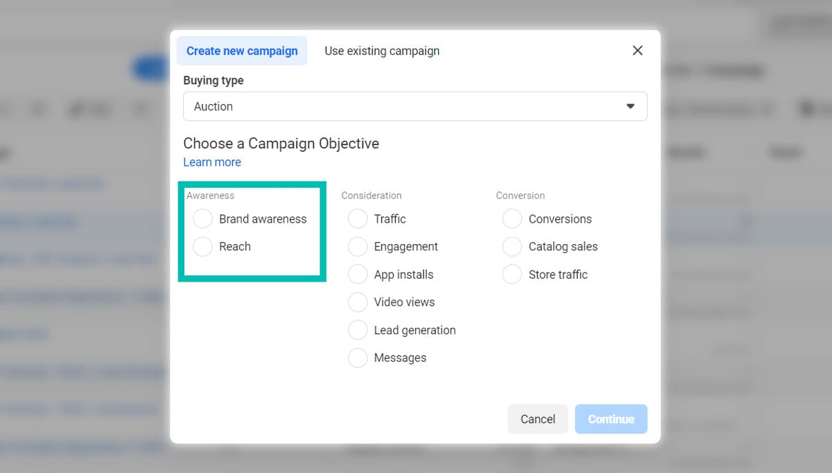 Facebook Ads Awareness Objective Options