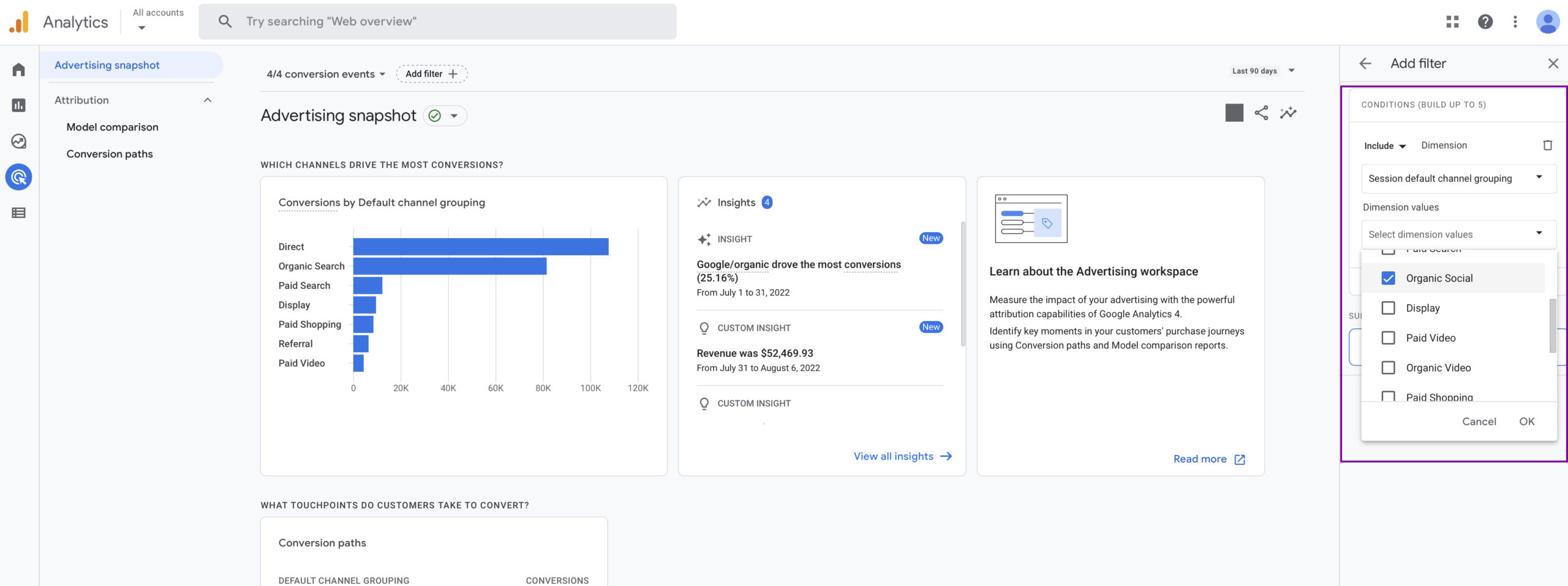 GA4 Advertising Workspace Report Filtered by Organic Social Sessions