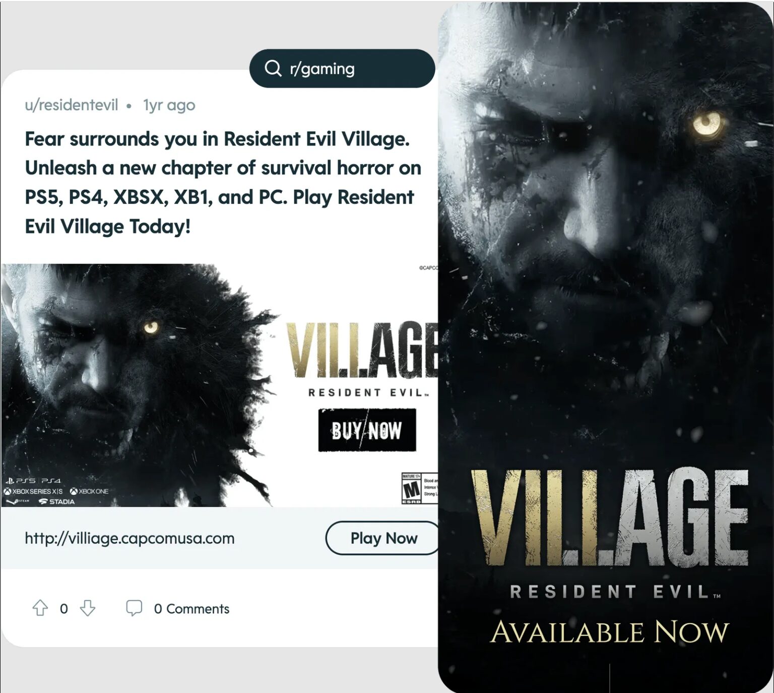 An example of a 24 hour Reddit ad, for the video game Resident Evil Village.