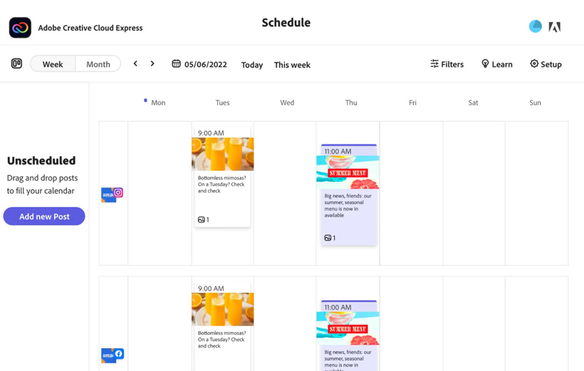 Adobe Content Schedule in calendar view, showing two posts scheduled—One on Tuesday at 9 AM for Instagram and Facebook, and one on Thursday at 11 AM for Instagram and Facebook