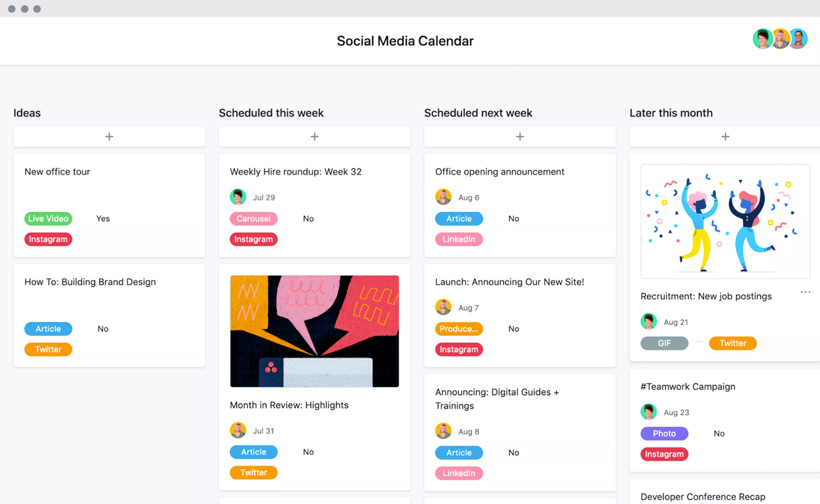 Kanban board social media content calendar in Asana, with cards in each column. The columns are labeled: Ideas, Scheduled this week, Scheduled next week, and Later this month. 