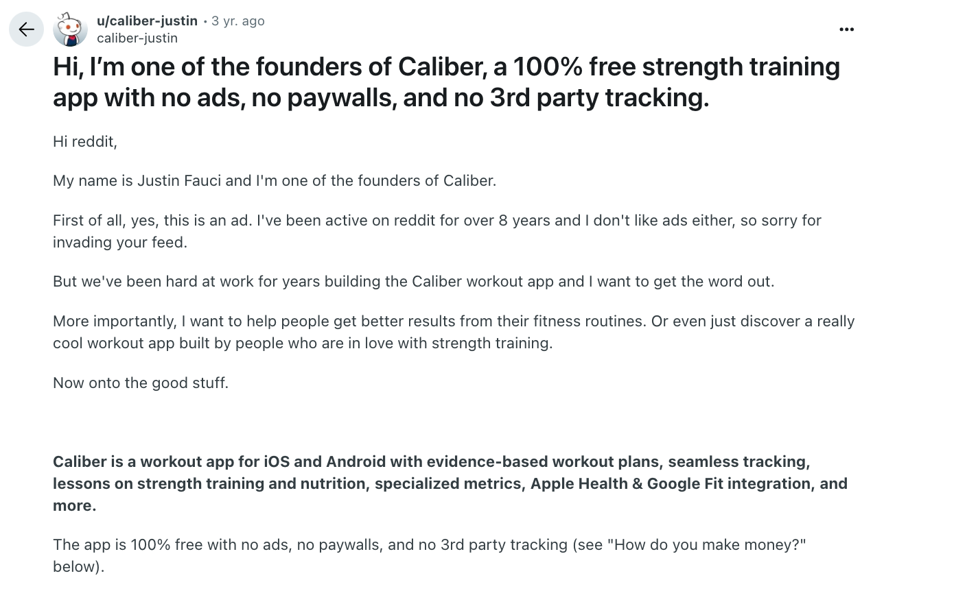 A freeform Reddit ad that looks like a usual text post. In it, the poster introduces himself as the founder of the app before being clear that this post is an ad, and apologizing for clogging feeds with ads. They then go onto mention their time on Reddit before talking about what the app is.