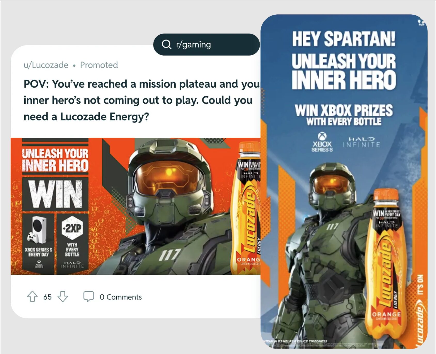 Two versions of a category takeover ad, each showing Master Chief from HALO and a bottle of orange Lucozade soft drink.