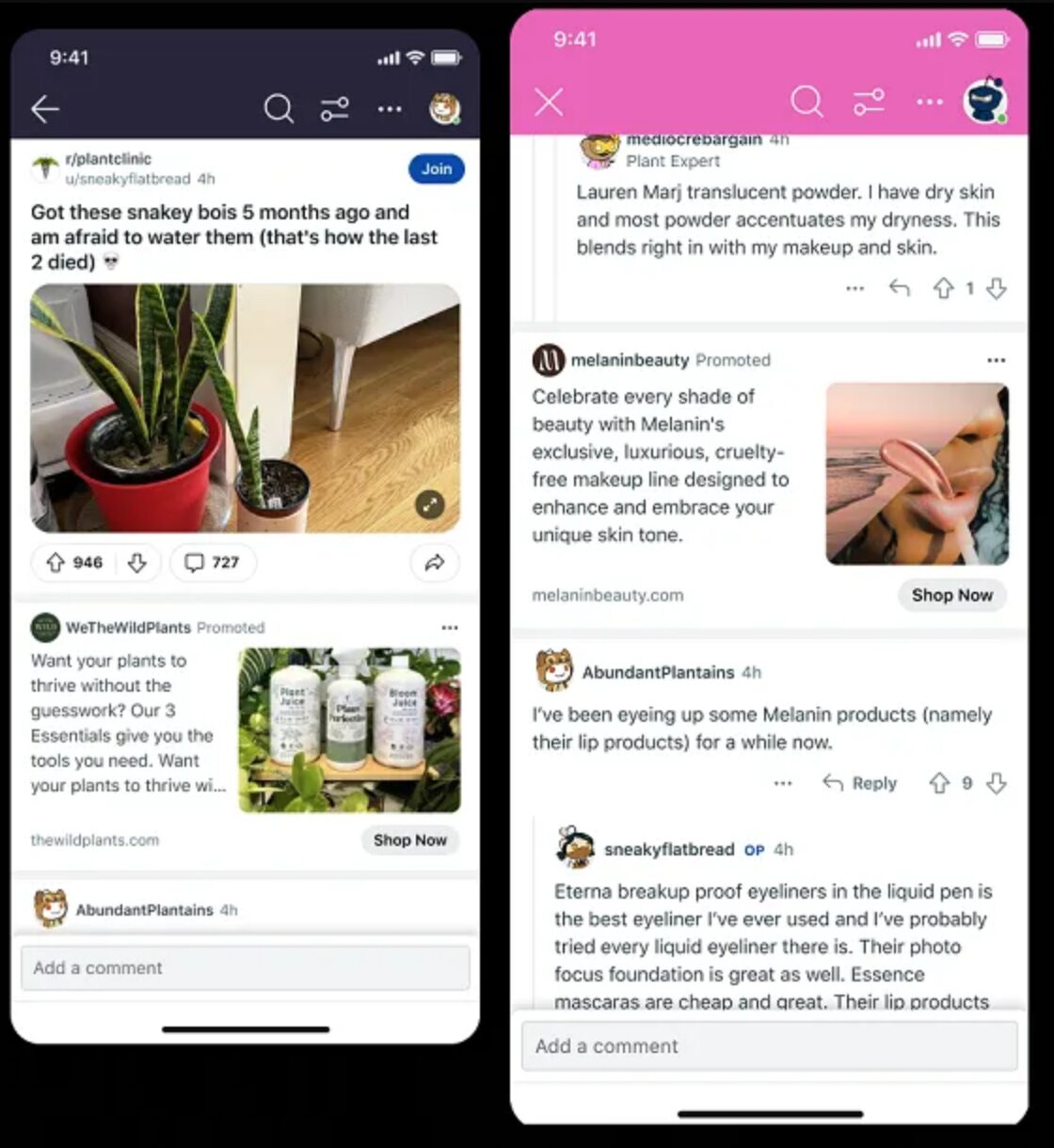 Two depictions of Reddit's Conversation Ad format, side by side. The first shows it under a post, before the main comment section. The second shows the ad in the middle of the comment section.