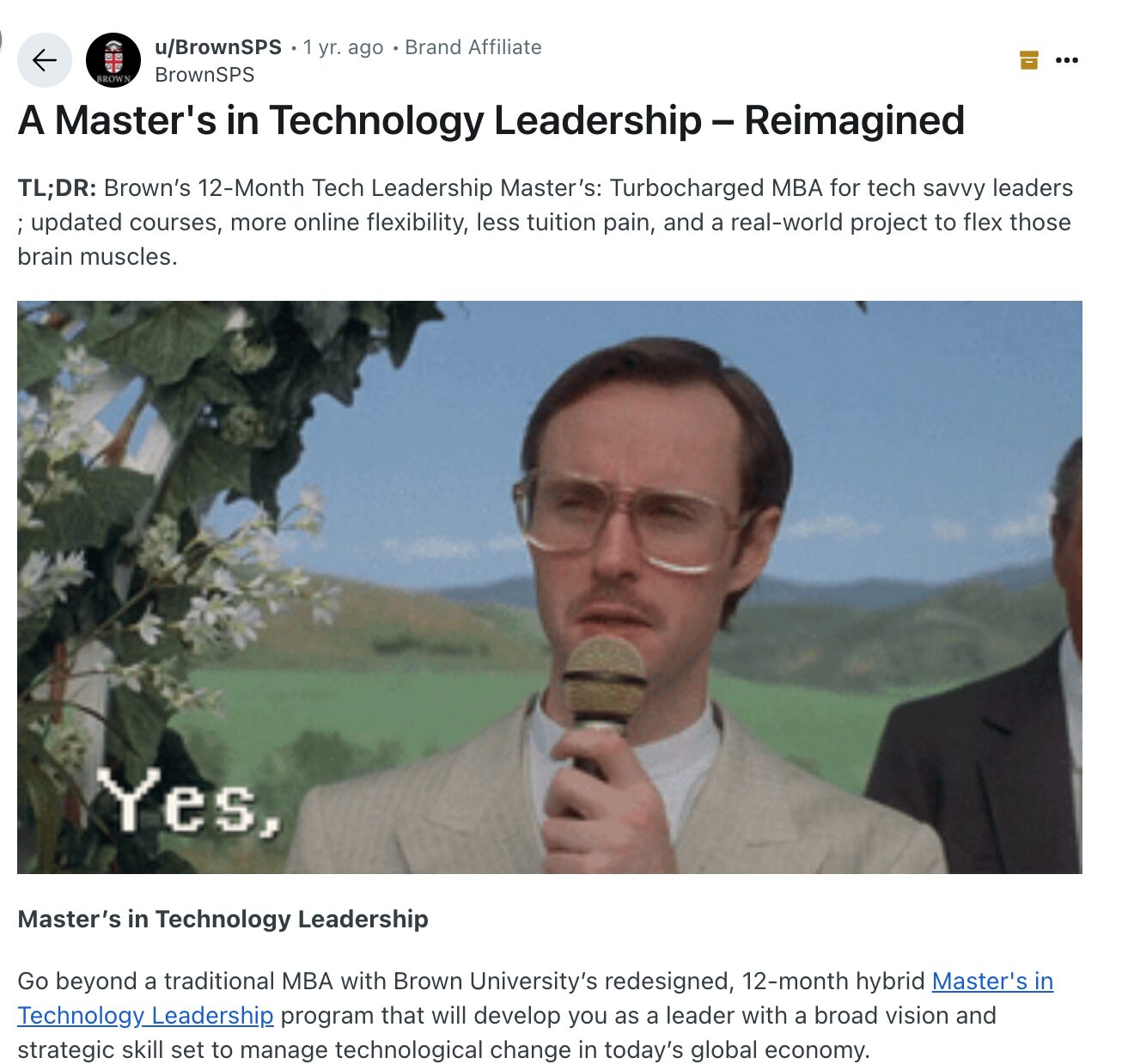 A Reddit Freeform Ad advertising Brown's 12-month tech leadership master's program.