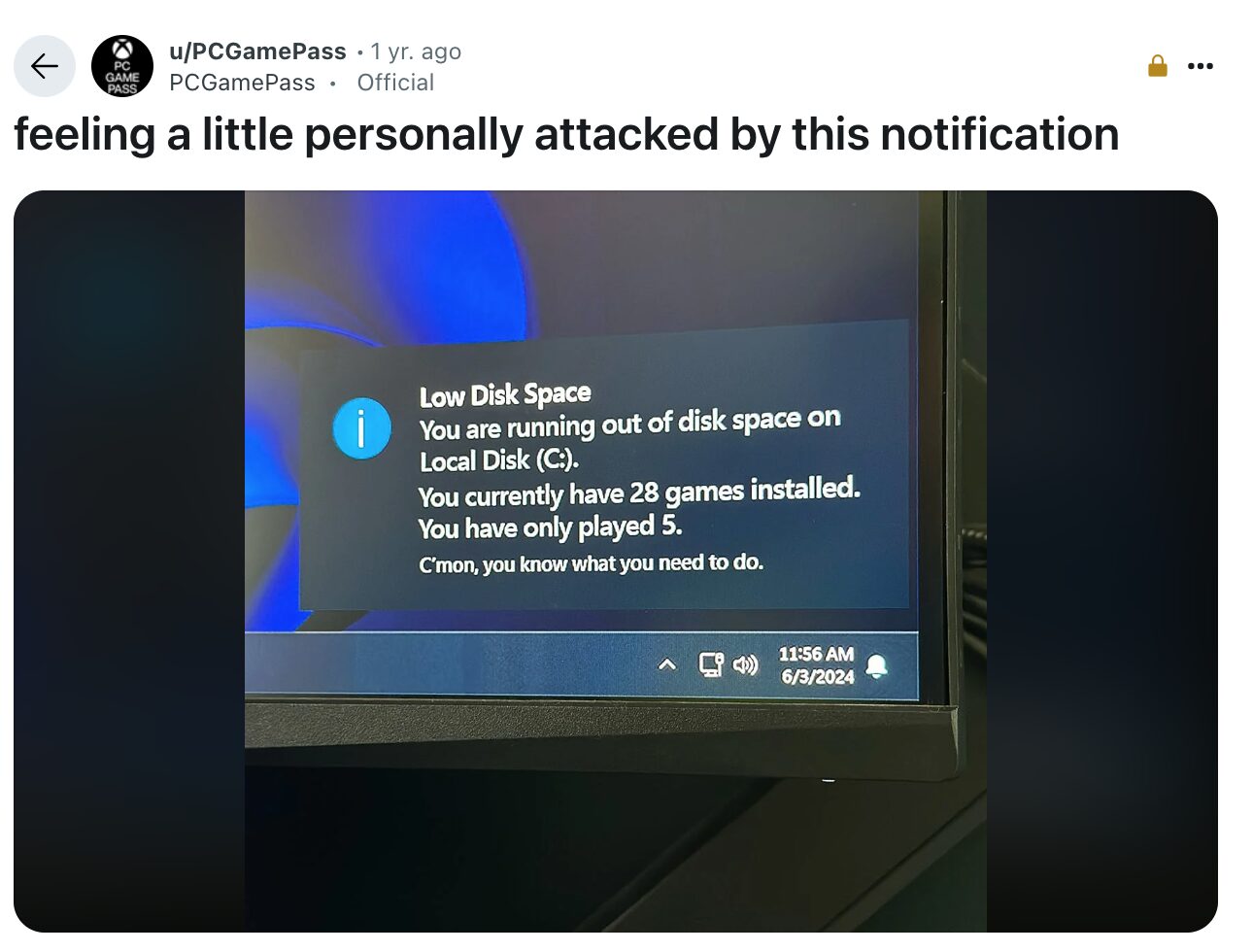An Image ad from PC Game Pass, titled "feeling a little personally attacked by this notification" with the image being a low disk space alert on a computer.