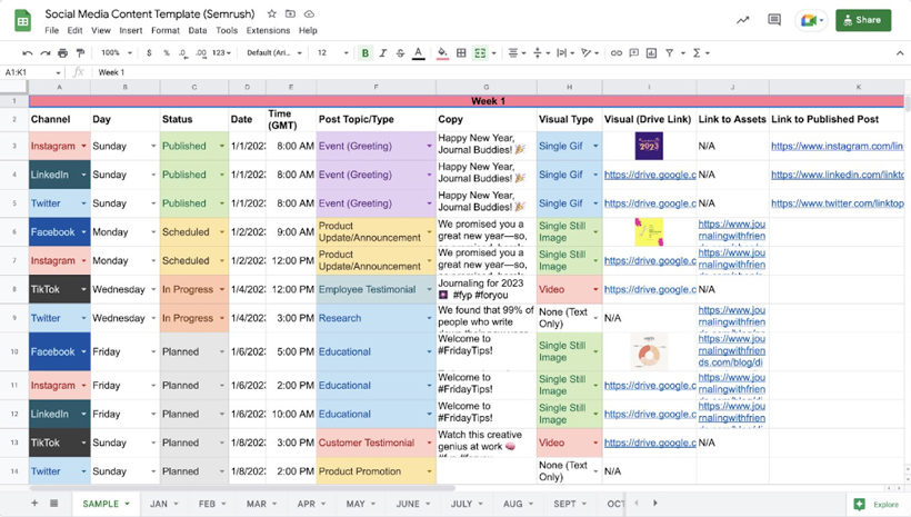 A social media content calendar template created by Semrush in Google Sheets. There are columns labeled: channels, days, status, date, time, post type, copy, visual type, drive links, links to assets, and links to the published post.
