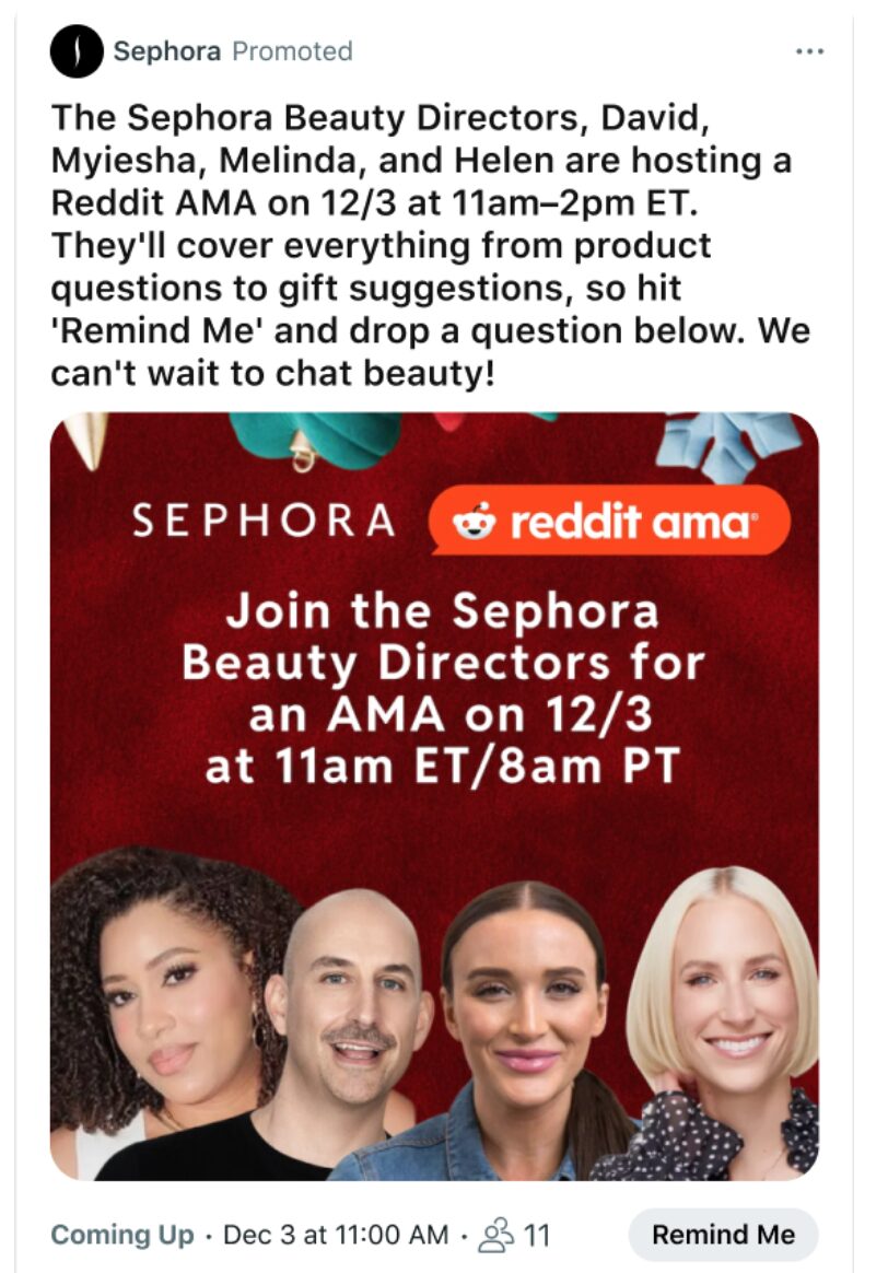 An AMA Reddit Ad for Sephora, with the image showcasing four Sephora Beauty directors for their AMA on December 3rd at 11 AM ET.