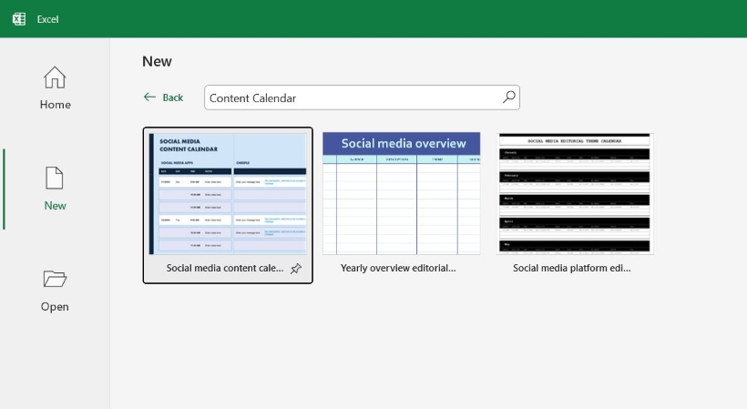 Microsoft Excel template results for the search "Content Calendar." There are three results: one social media content calendar, one yearly overview, and one social media platform editorial template.