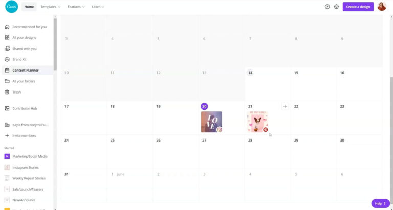 Canva's Content Planner in calendar view, showing two posts that are scheduled—one on the 20th for Instagram, and one on the 21st for Pinterest